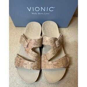 Vionic Kiwi Cork Slide Sandals Womens 7 Beige Orthotic Arch Support Adjustable
